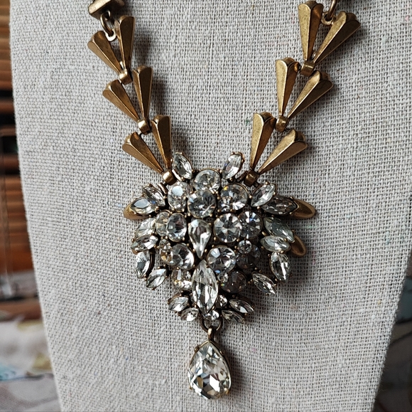 J. Crew Art Deco Revival Brass Tone Clear Stone Statement Necklace Reproduction - Picture 7 of 16